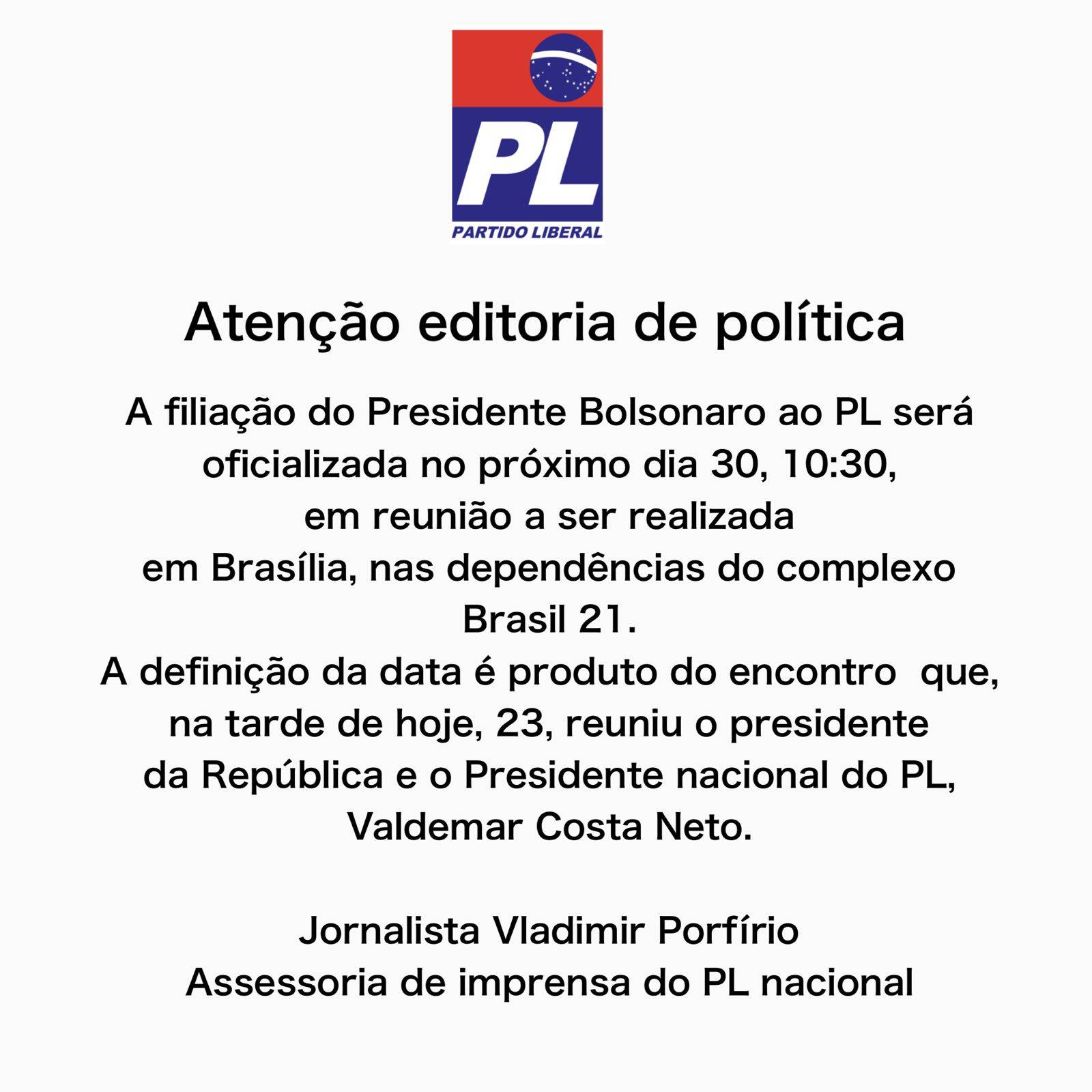 Confirmado: Bolsonaro desembarca no PL dia 30 de novembro